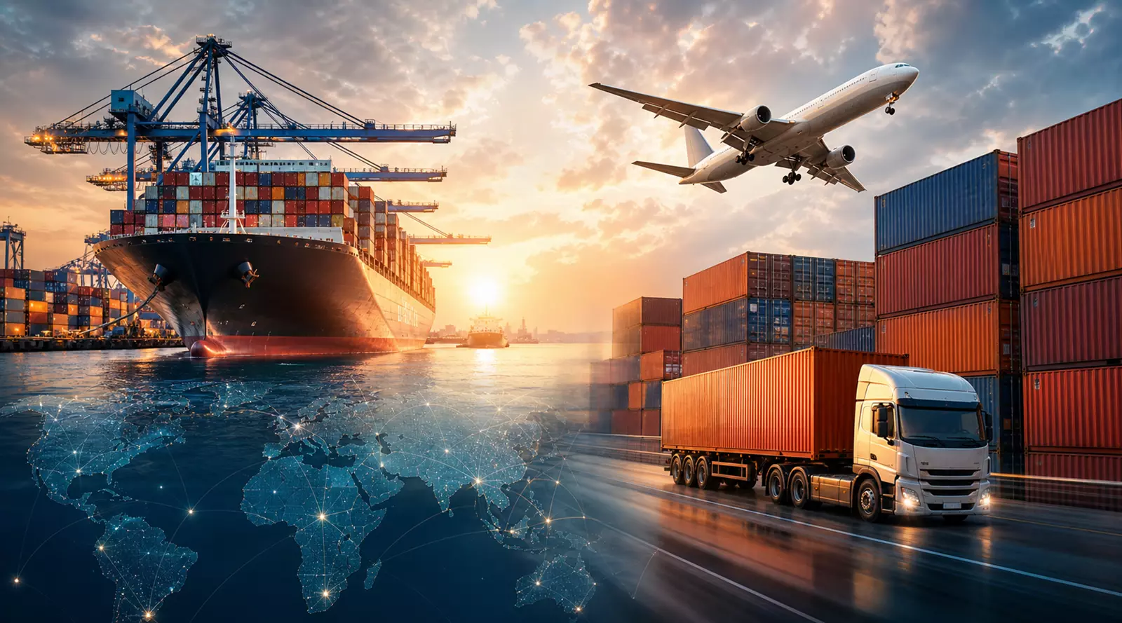 Operação logística intermodal com navio, avião e caminhão